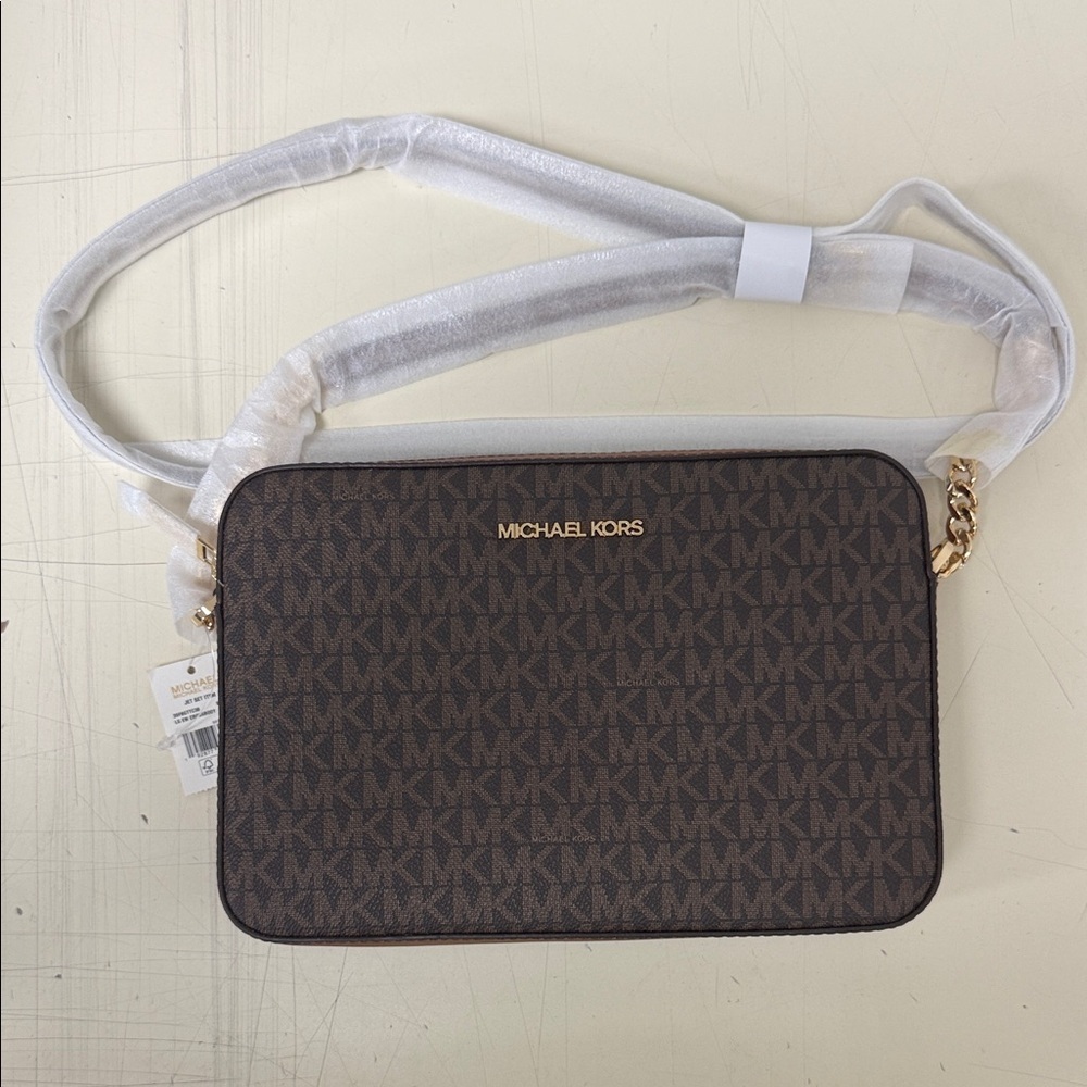 Michael Kors Dark Brown and Gold Logo Crossbody Bag‎